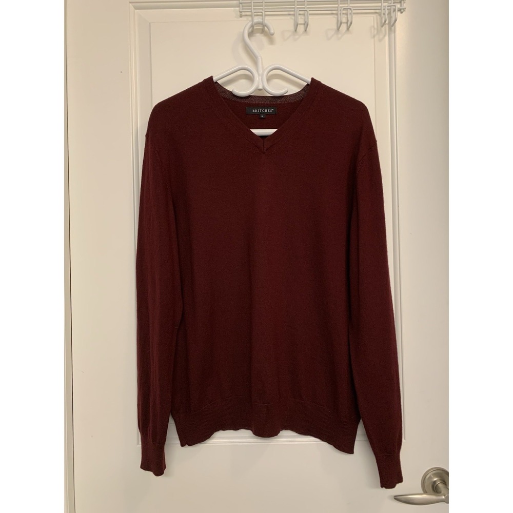 Britches Merino Wool Blend V-neck‎ Sweater Mens XL Maroon Burgundy Oxblood Wine